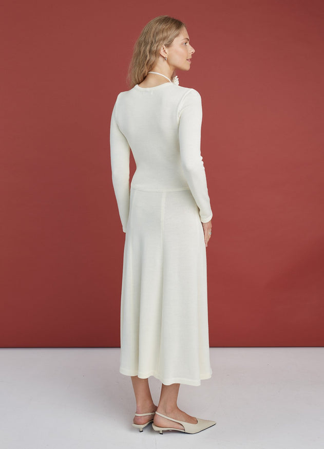 Knitted Merino Wool A-line Midi Dress Natural White