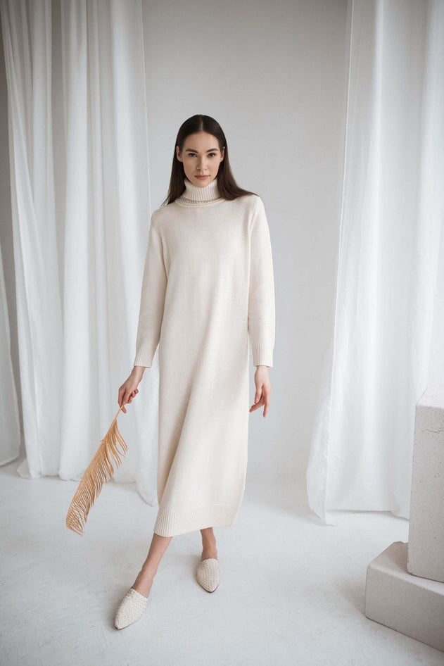 Turtleneck Knitted Merino Wool Sweater Dress