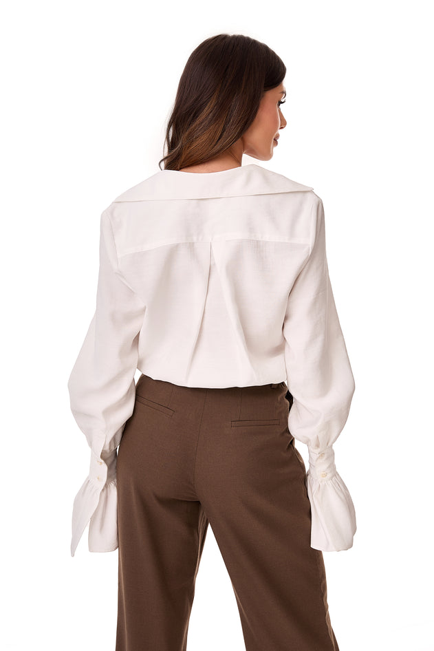 Carmen Ruffle Sleeve Button-Up Shirt White