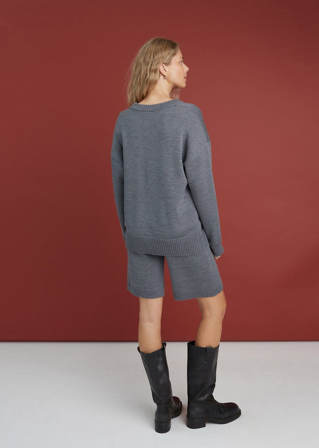 Knitted Merino Wool V-neck Sweater & Shorts Set
