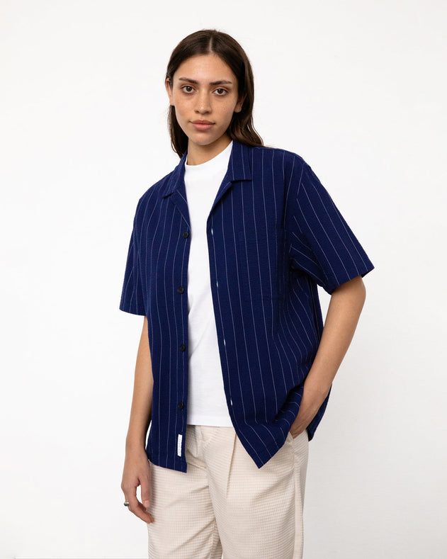 Bowling Shirt Seersucker Navy Pinstripe