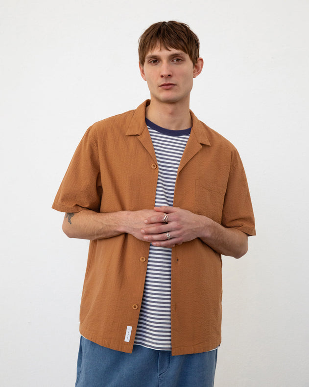 Bowling Shirt Seersucker Caramel Brown