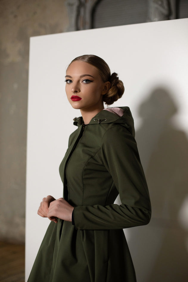 Fit and Flare Raincoat with Pleated Hem Moss Green