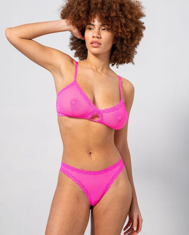Mesh Lace Cut-Out Triangle Bralette Neon Pink