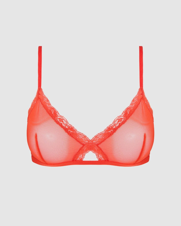 Mesh Lace Trim Triangle Bralette Fiery Red