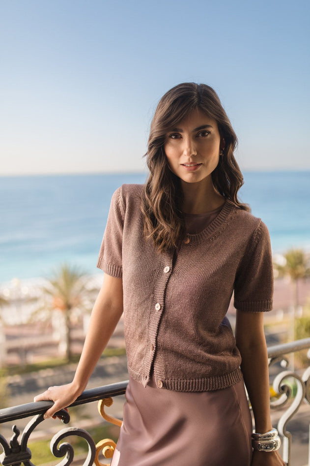 Short Sleeve Linen Blend Cardigan Mauve