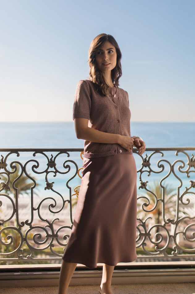Short Sleeve Linen Blend Cardigan Mauve
