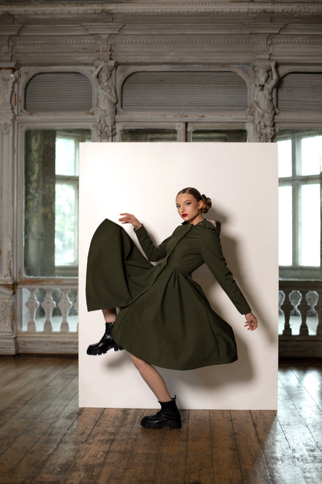 Fit and Flare Raincoat with Pleated Hem Moss Green