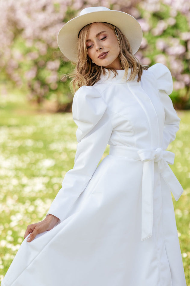 Fit and Flare Raincoat with Puff Sleeves Majestic White