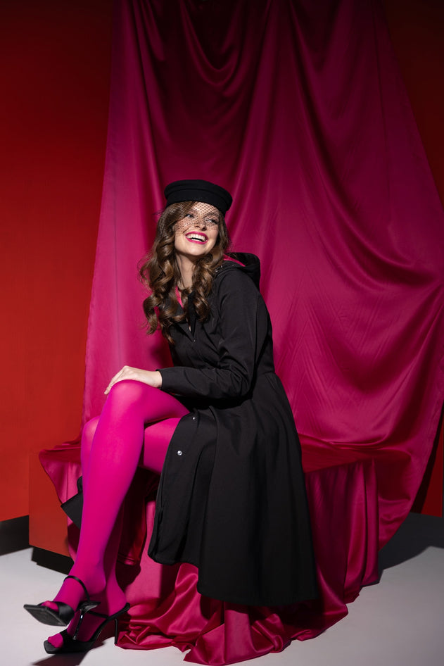 Fit and Flare Raincoat with Full Circle Hem Black / Pink Ruby