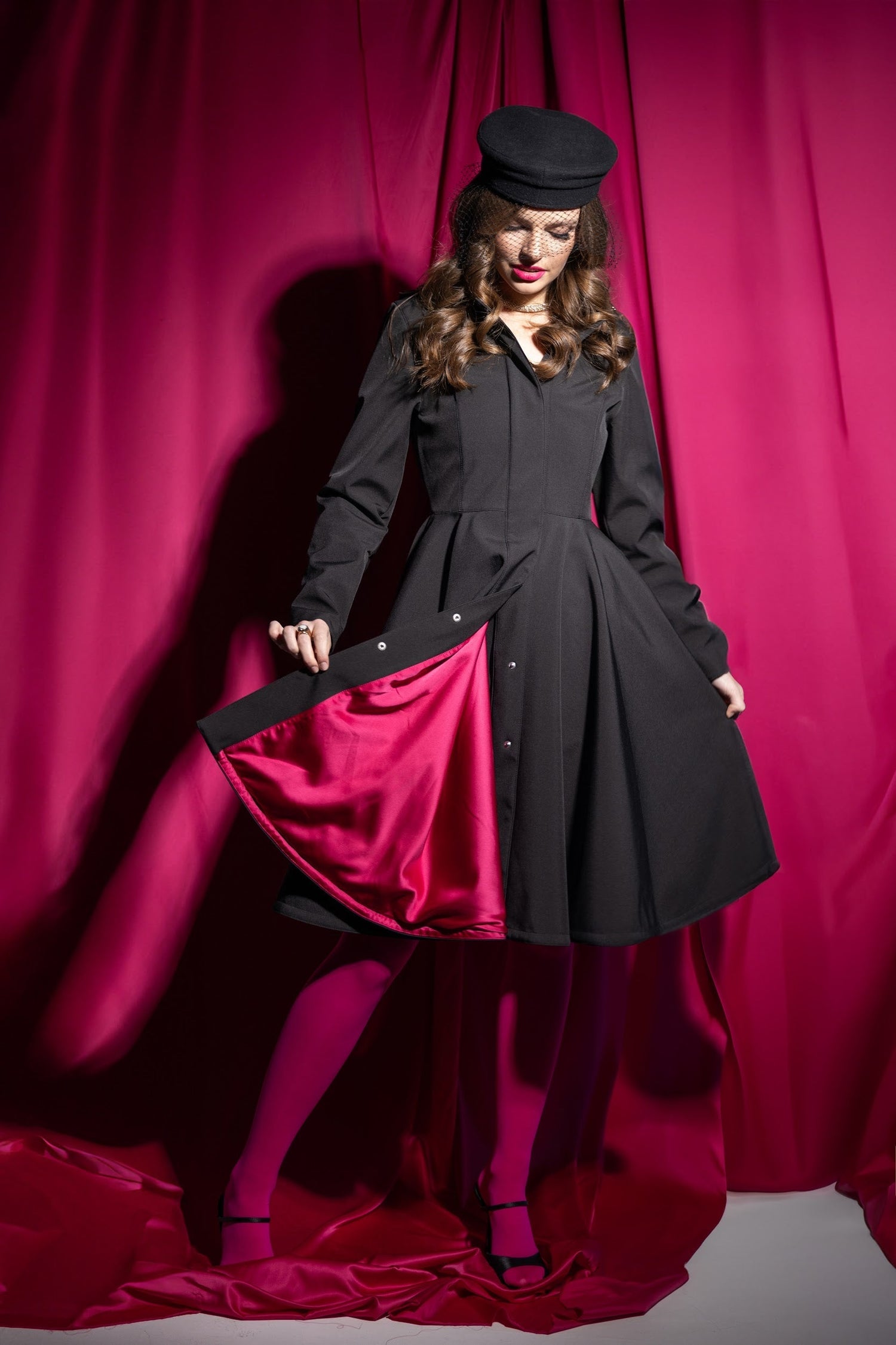 Fit and Flare Raincoat with Full Circle Hem Black / Pink Ruby