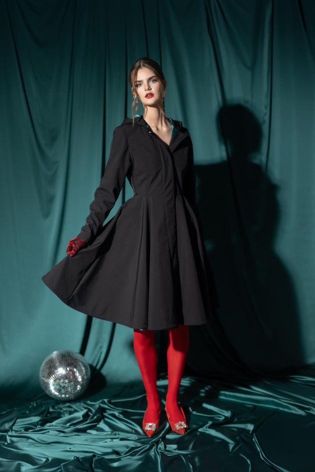 Fit and Flare Raincoat with Full Circle Hem Black / Deep Emerald