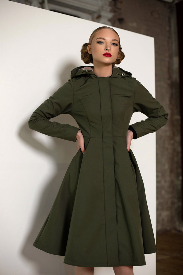 Fit and Flare Raincoat with Pleated Hem Moss Green