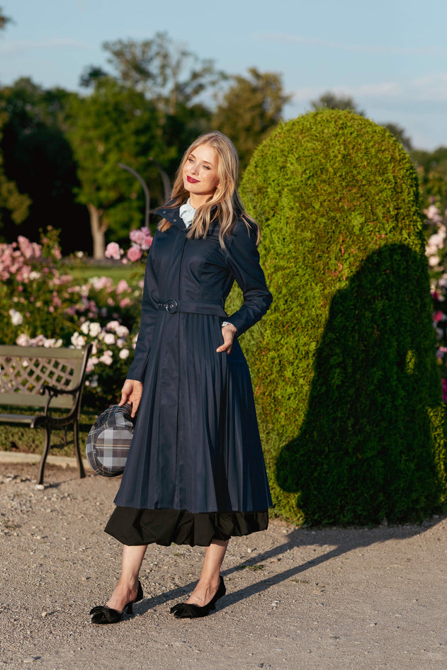 Fit and Flare Blue Women’s A-Line Coat with Pleated Skirt | Blue Serenade