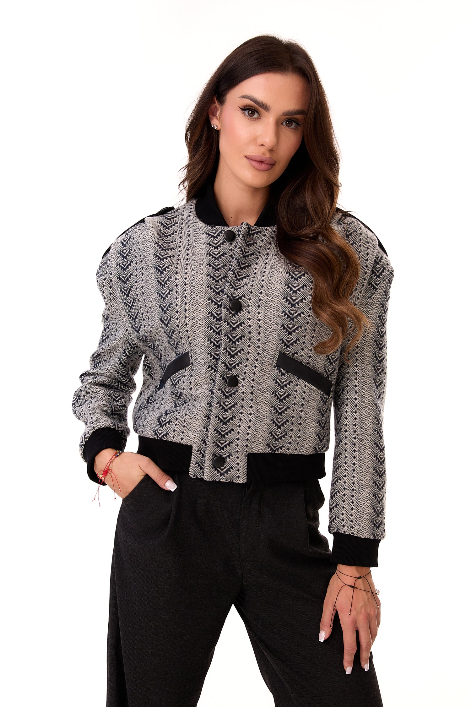 Ira Patterned Wool Bomber Jacket Grey