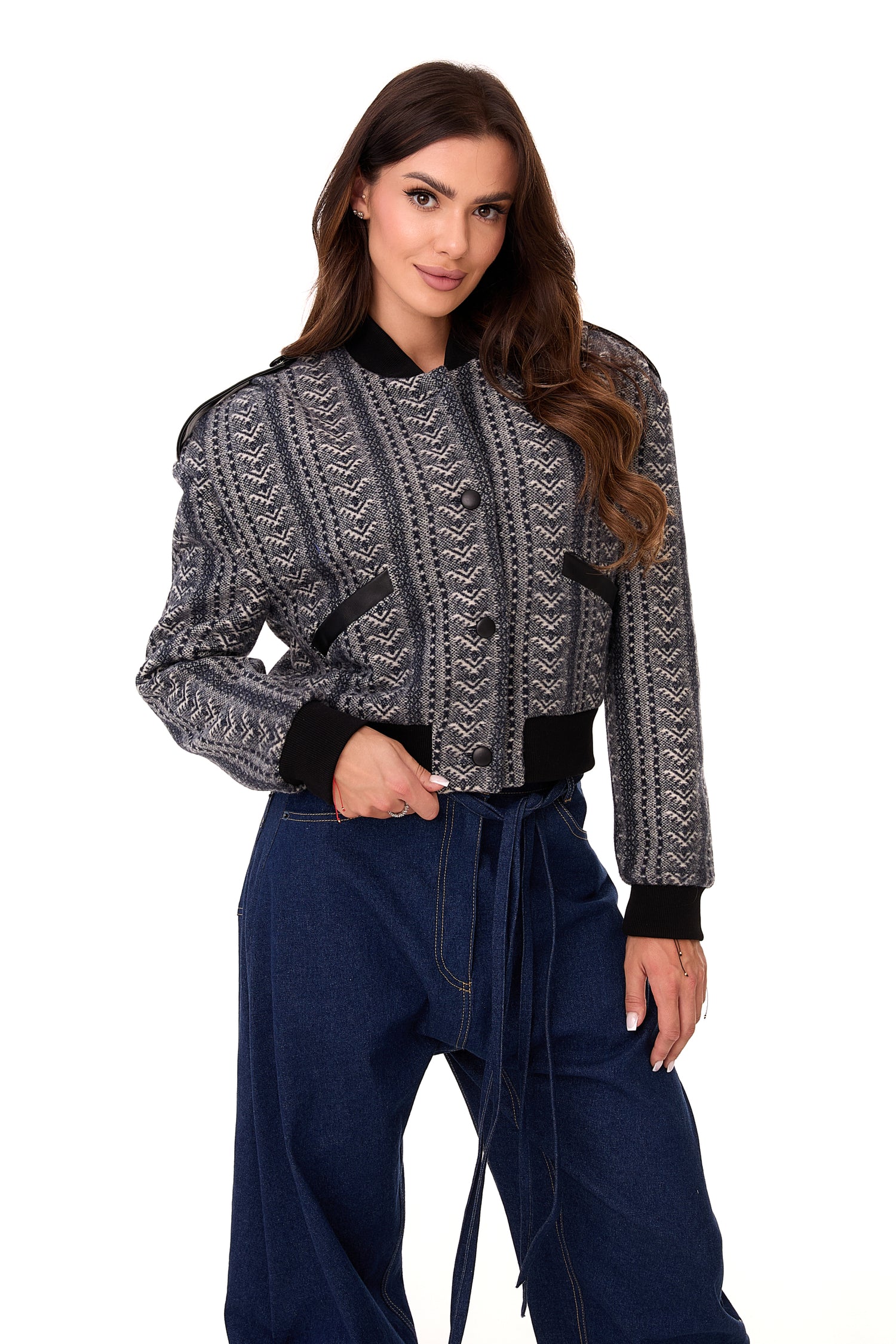 Ira Patterned Wool Bomber Jacket Navy Blue