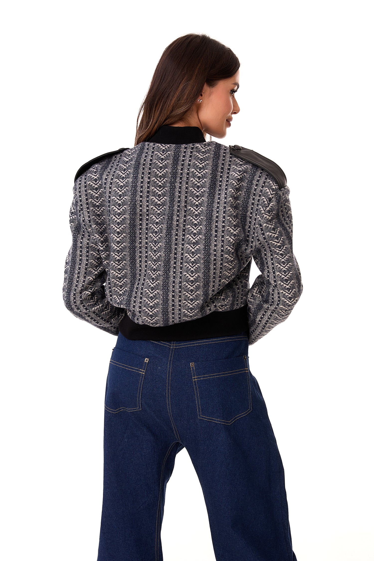 Ira Patterned Wool Bomber Jacket Navy Blue