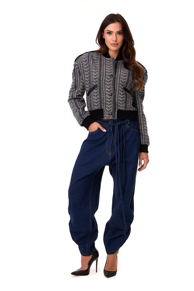 Ira Patterned Wool Bomber Jacket Navy Blue