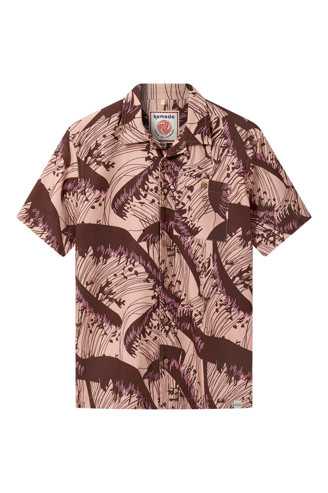 The SPINDRIFT - Organic Cotton Shirt - Pink Wave features short sleeves, a collar, and a bold pink base with brown abstract wave prints. Made from organic cotton, it includes a visible label inside the neck.