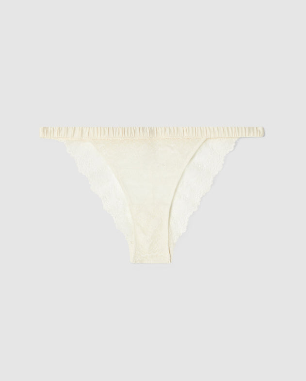 Lace Satin Bikini Tanga Cream White