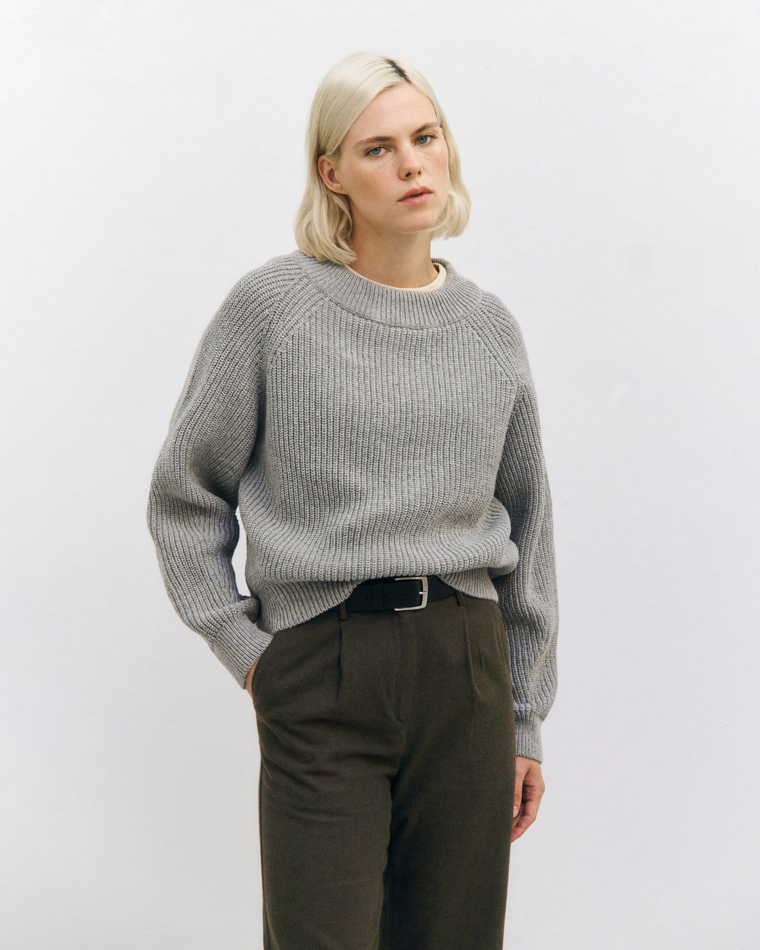 Cropped Knit Sweatshirt Grey Melange