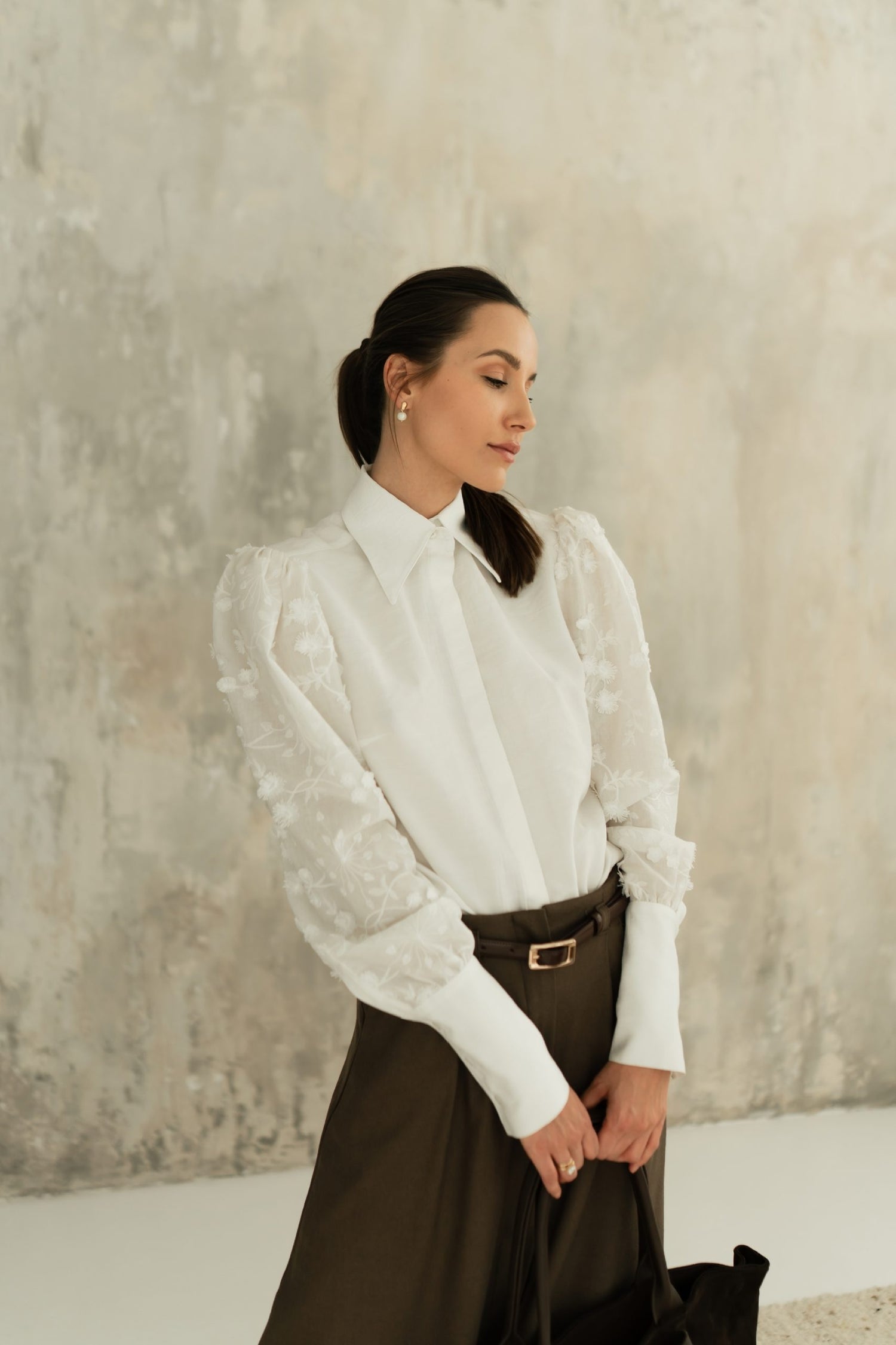 Madden Cotton Shirt with Embroidered Sleeves White
