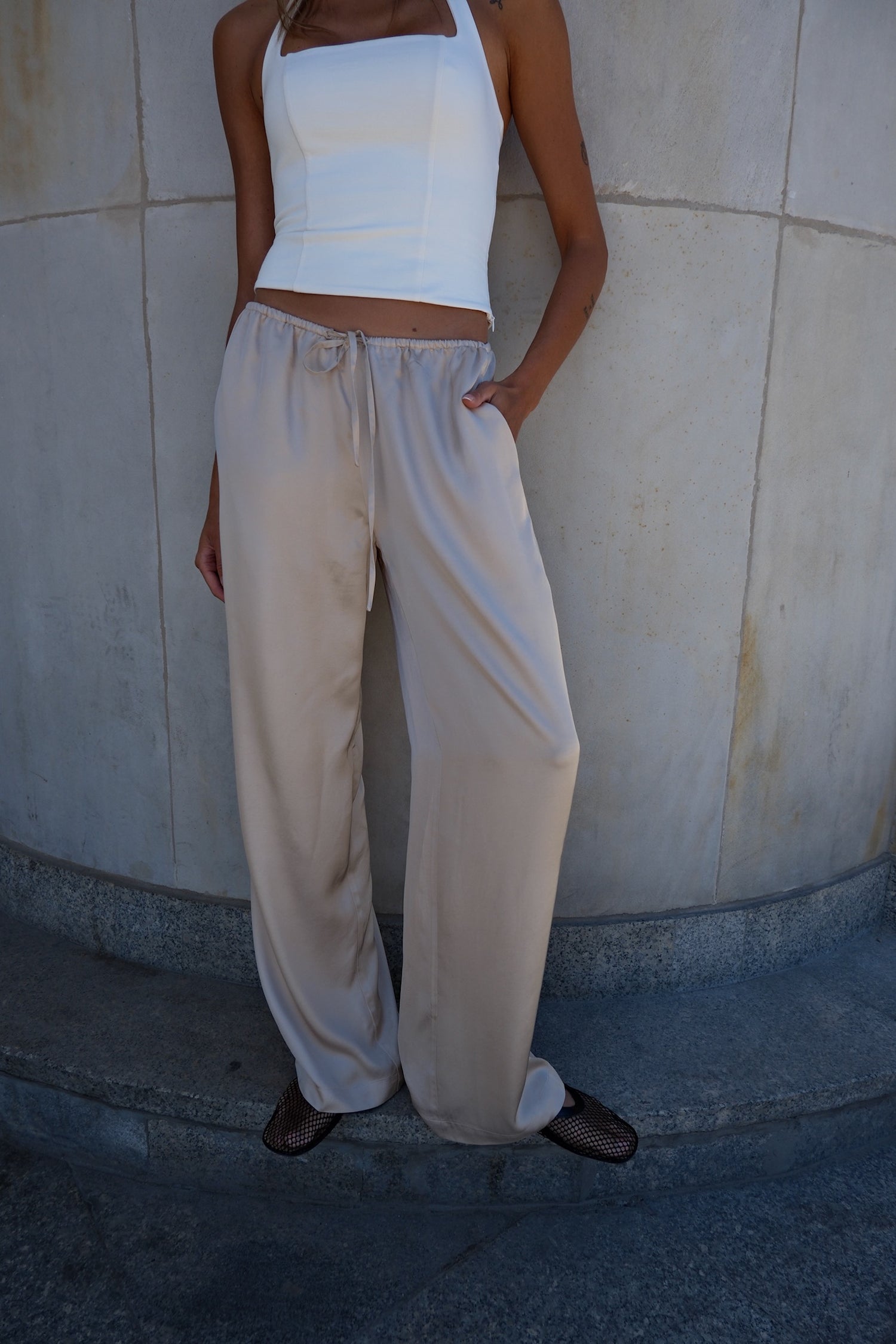 Satin Trousers With Tied Pockets Beige