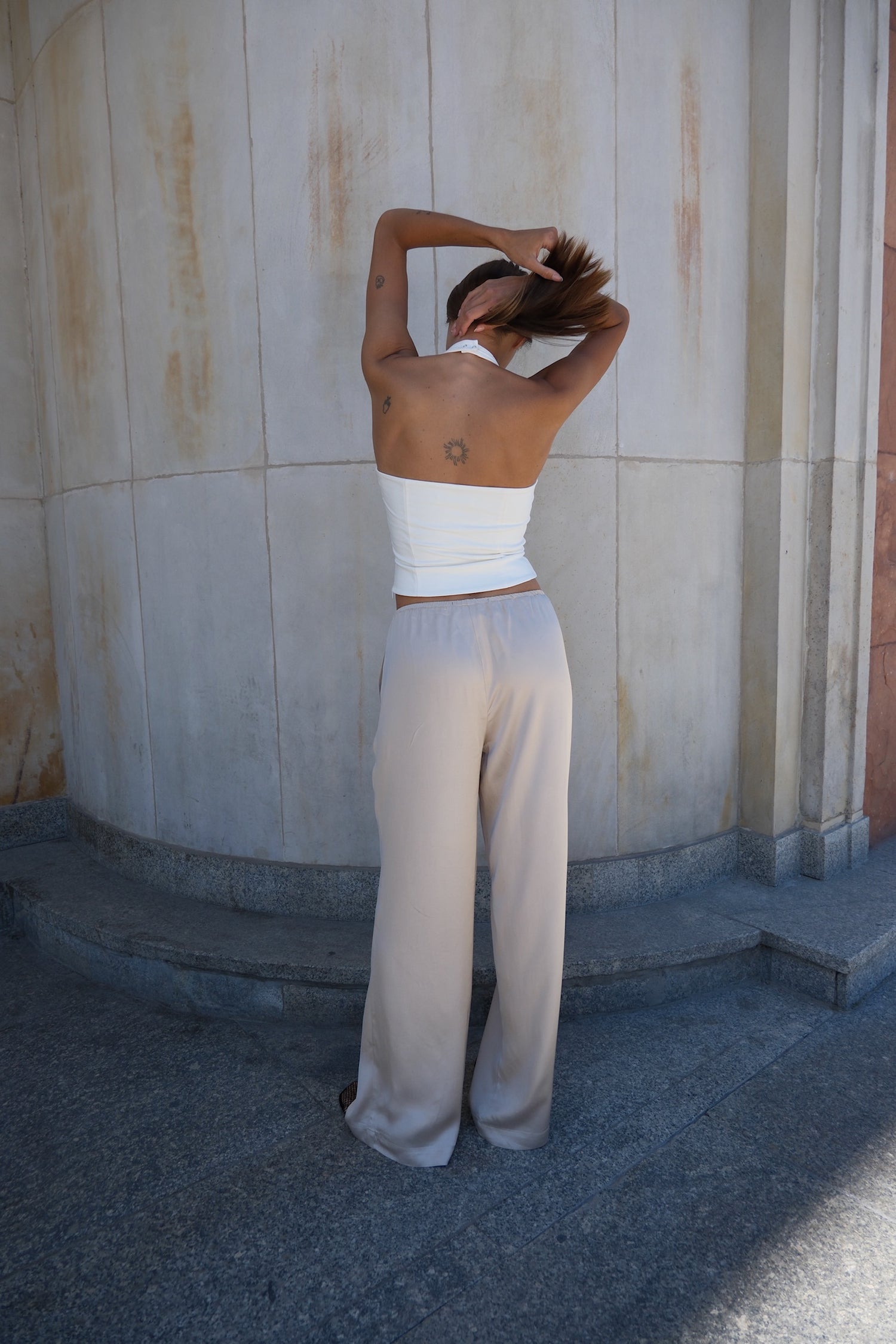 Satin Trousers With Tied Pockets Beige