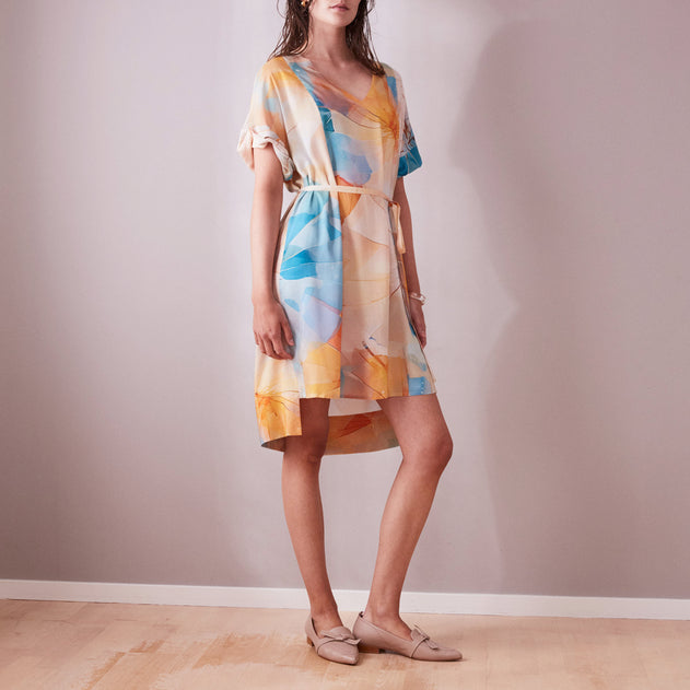 Short V-Neck Day Dress Umbrella Print