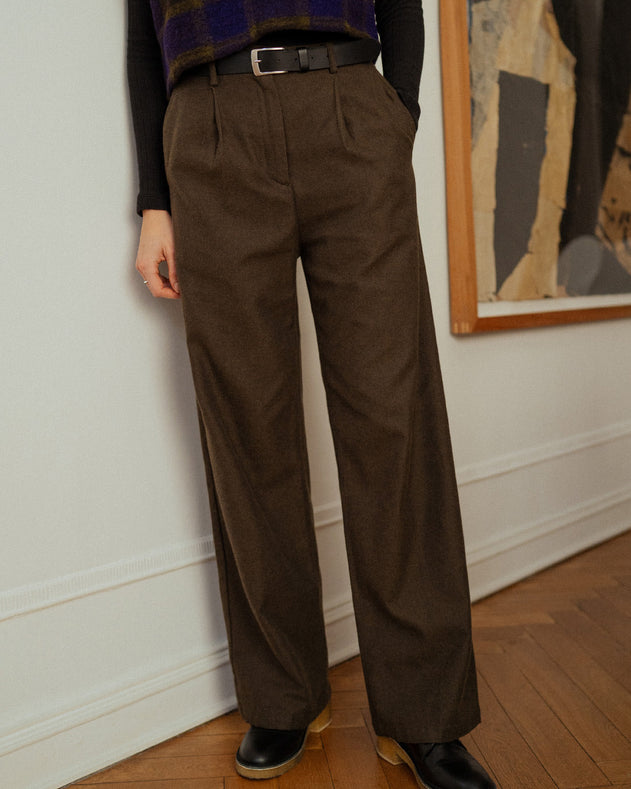 High-Waist Flannel Pants Twill Brown