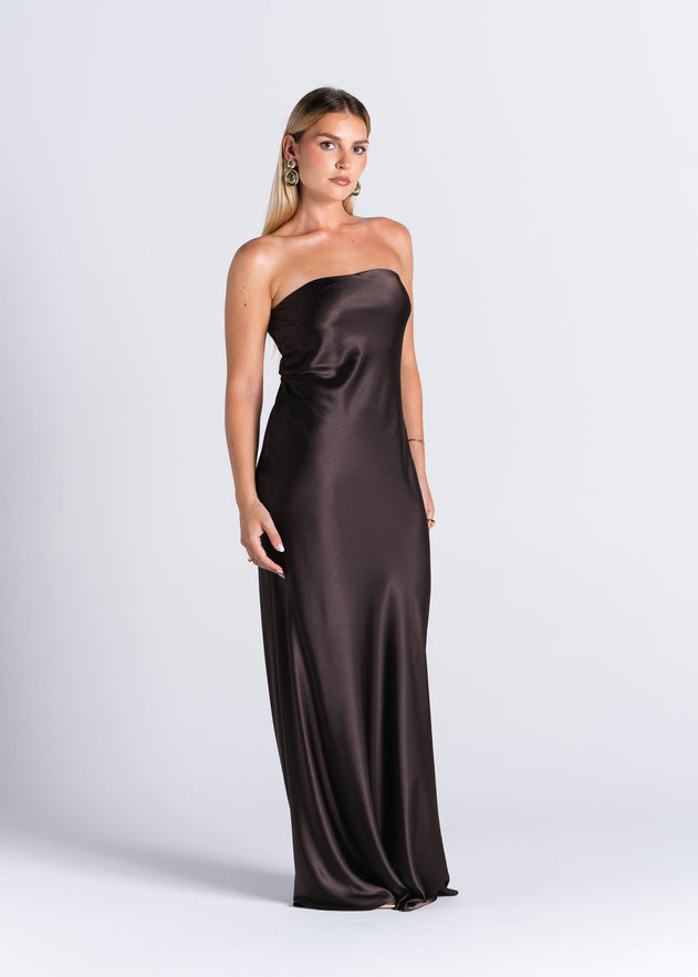 La Noche Strapless Satin Gown with Shawl Dark Brown