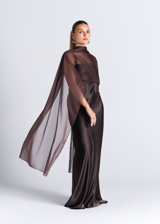 La Noche Strapless Satin Gown with Shawl Dark Brown