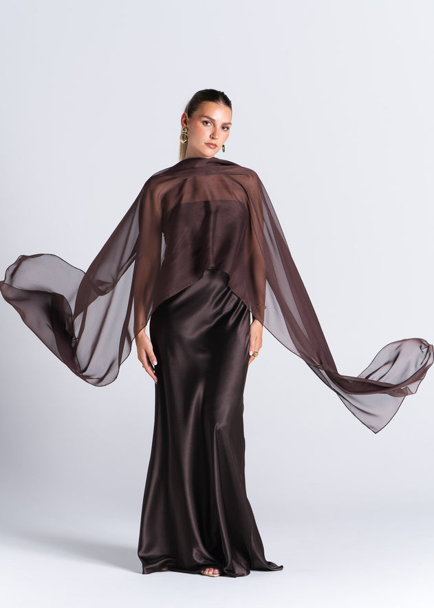 La Noche Strapless Satin Gown with Shawl Dark Brown