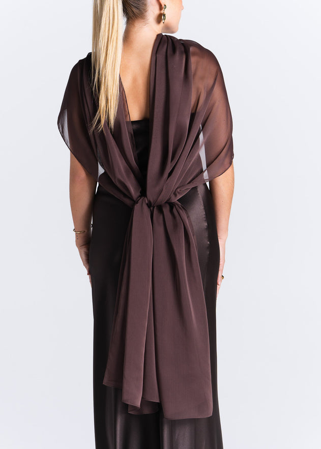 La Noche Strapless Satin Gown with Shawl Dark Brown