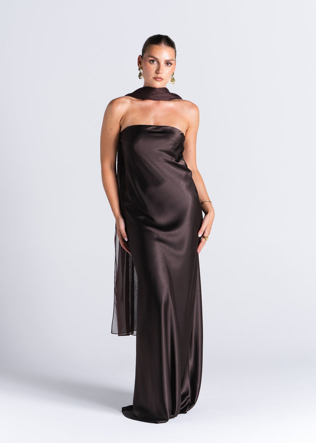 La Noche Strapless Satin Gown with Shawl Dark Brown
