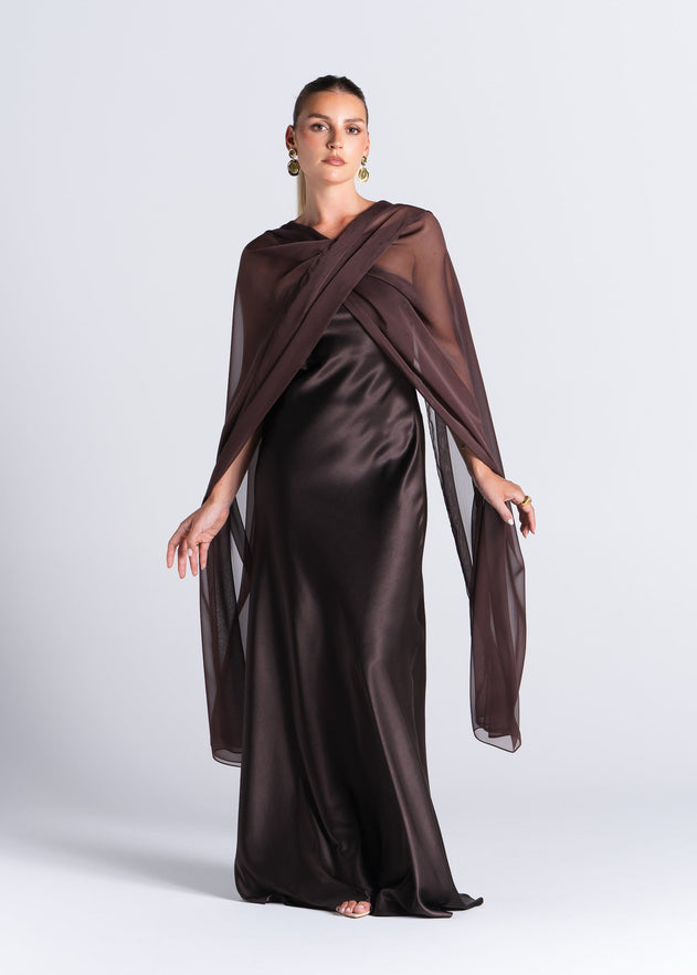 La Noche Strapless Satin Gown with Shawl Dark Brown