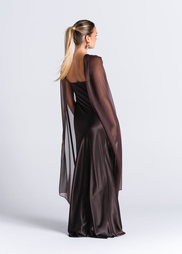 La Noche Strapless Satin Gown with Shawl Dark Brown
