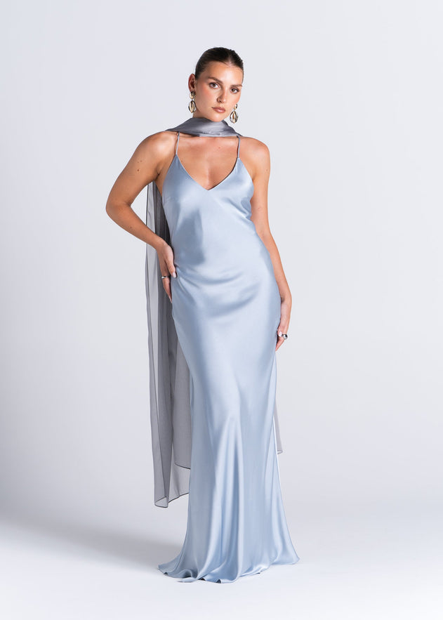 La Mar Satin Gown with Sheer Shawl Baby Blue