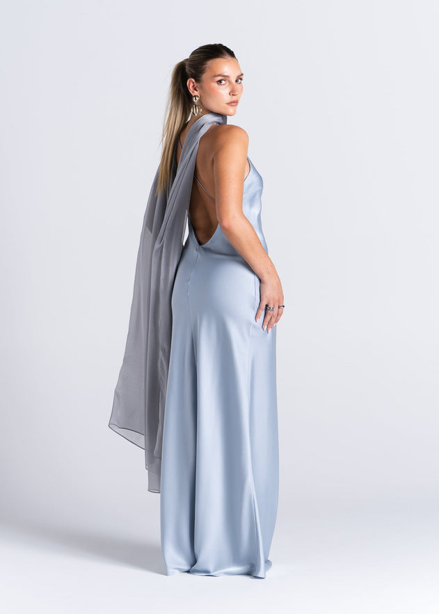 La Mar Satin Gown with Sheer Shawl Baby Blue