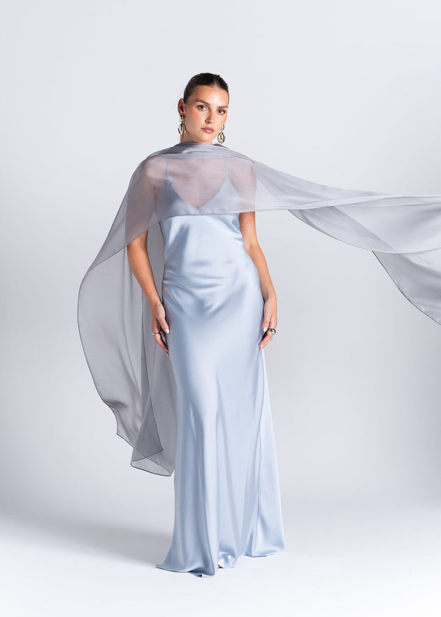 La Mar Satin Gown with Sheer Shawl Baby Blue