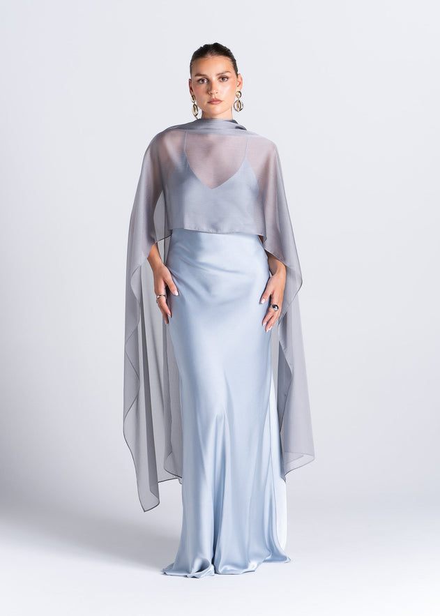 La Mar Satin Gown with Sheer Shawl Baby Blue