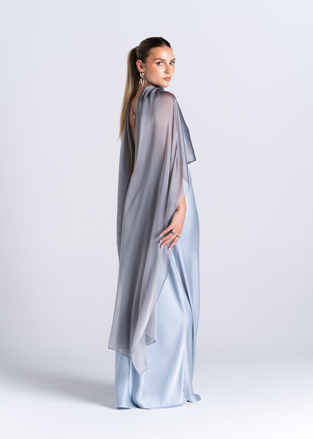 La Mar Satin Gown with Sheer Shawl Baby Blue
