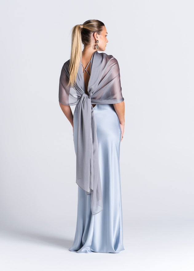 La Mar Satin Gown with Sheer Shawl Baby Blue