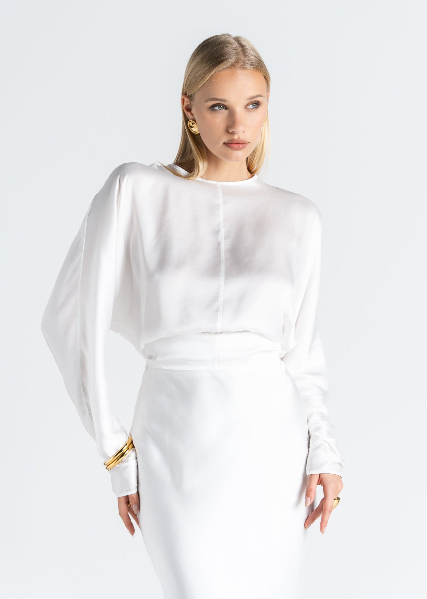 Halo Long Sleeve Satin Blouse White