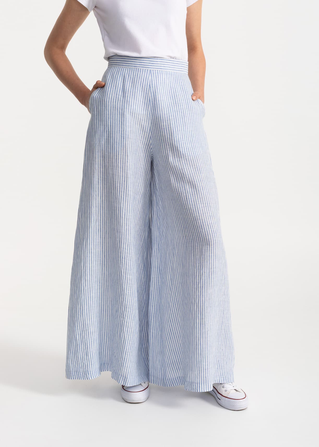 Women's Palazzo Linen Pants Blue Stripes