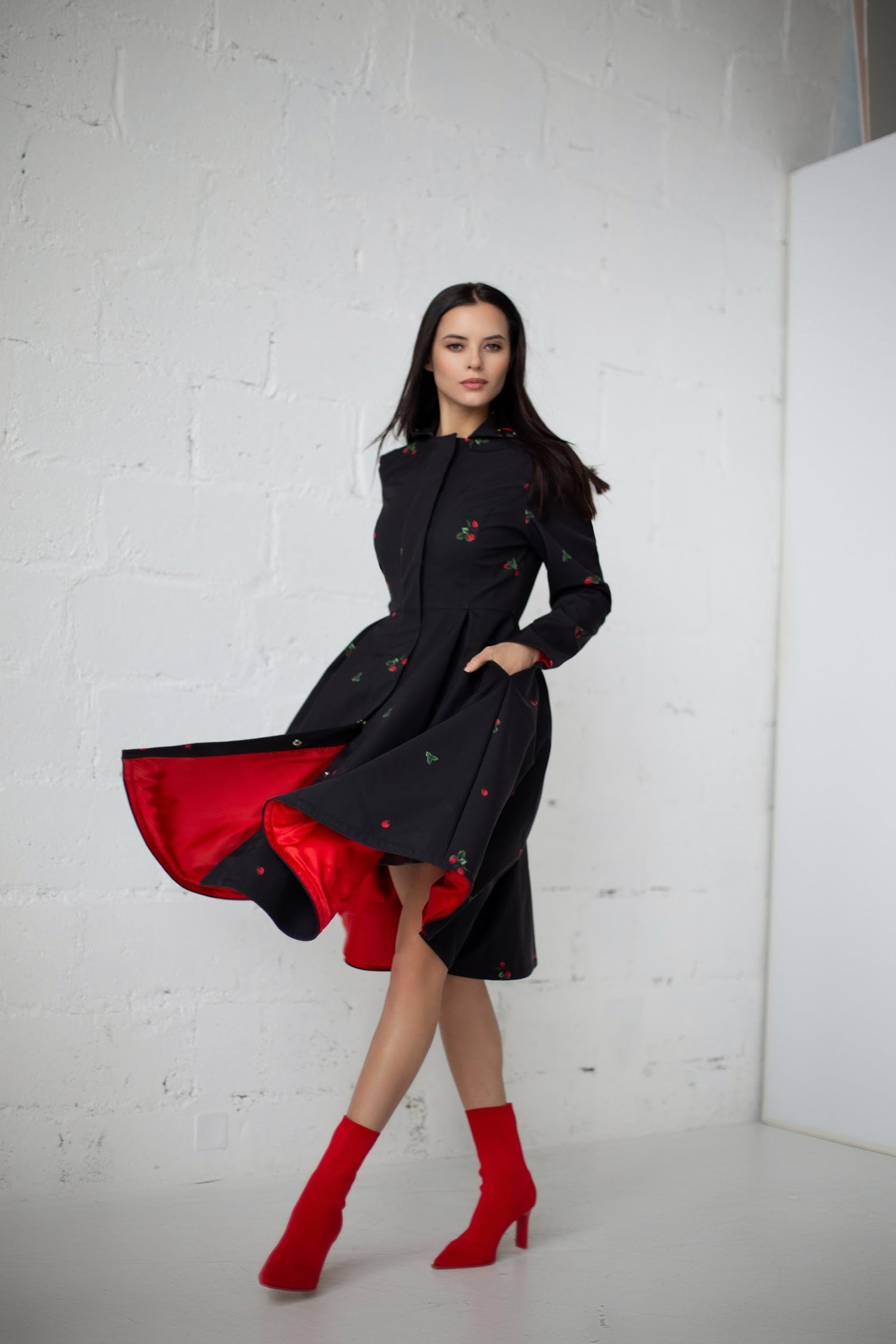 Fit and Flare Raincoat with Pleated Hem Black Wild Strawberry