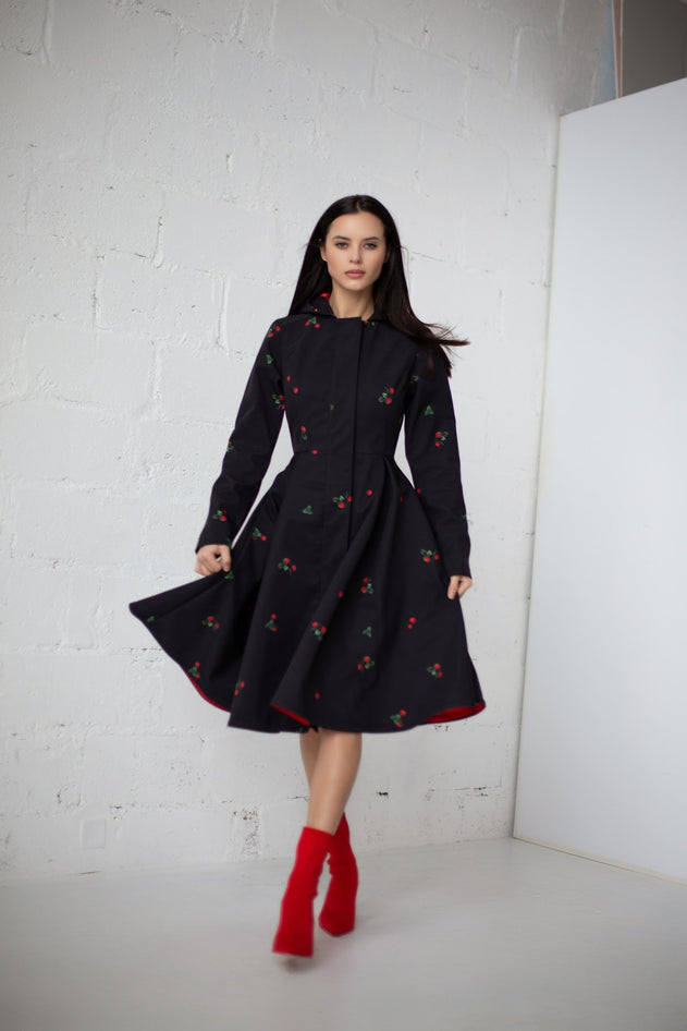 Fit and Flare Raincoat with Pleated Hem Black Wild Strawberry