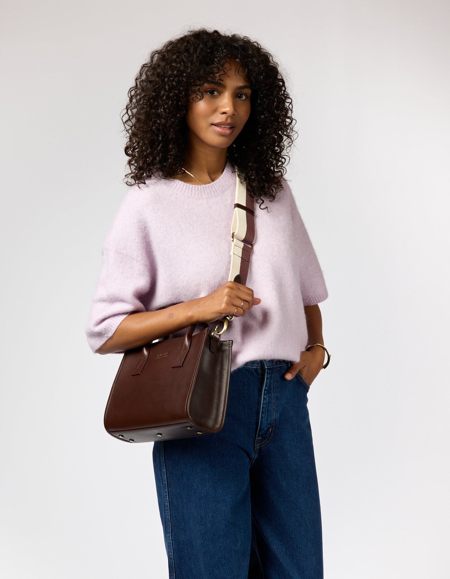 Jackie Midi Bag with Webbing Strap Classic Leather Chocolate Brown