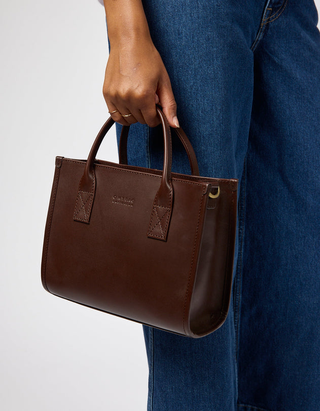 Jackie Midi Bag with Webbing Strap Classic Leather Chocolate Brown