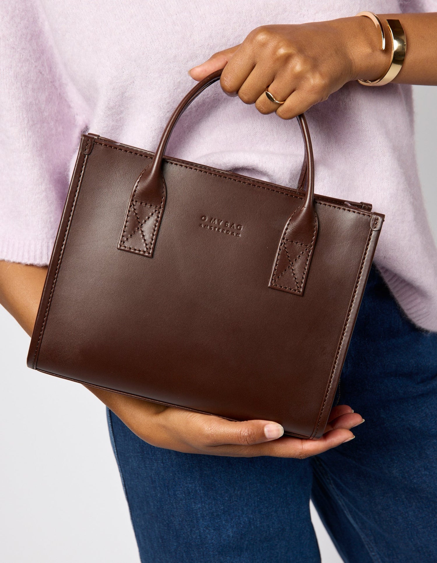 Jackie Midi Bag with Webbing Strap Classic Leather Chocolate Brown